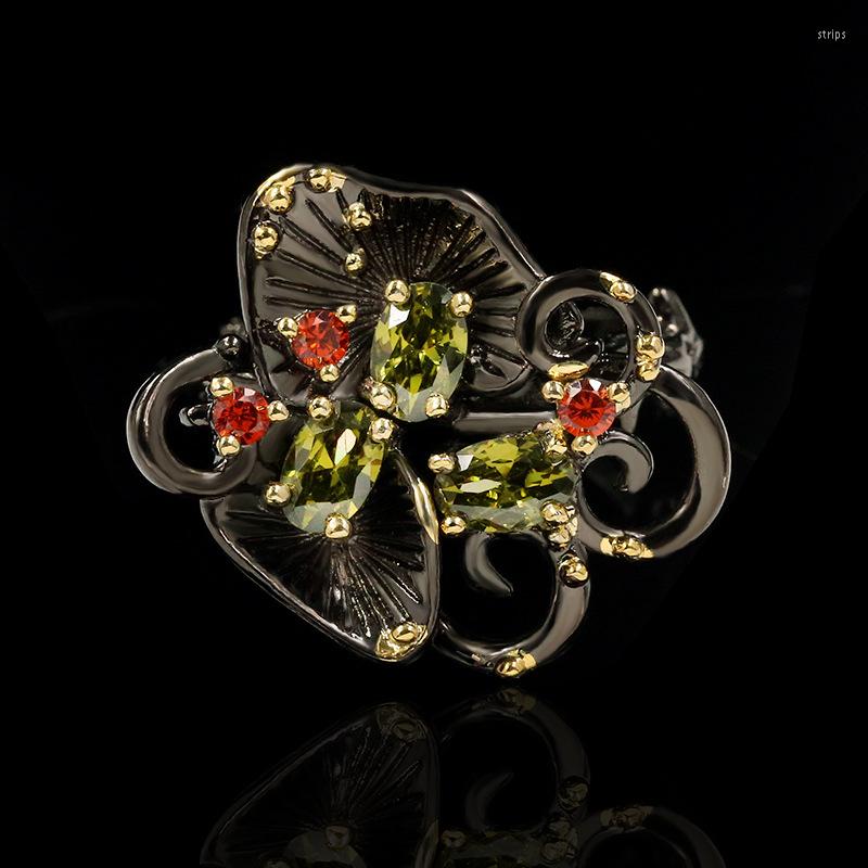 

Cluster Rings CIZEVA Noble Elegant Flower Black Gold Wedding Retro Relief Orchid Inlay Zircon Cocktail Party