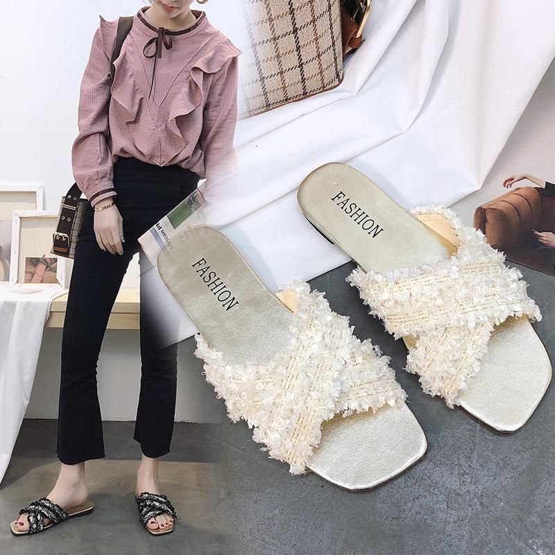 

Slippers 2023 Summer Women Flip Flops Fashion Slides Open Toe With Pleated High Quality Low Flat, Beige