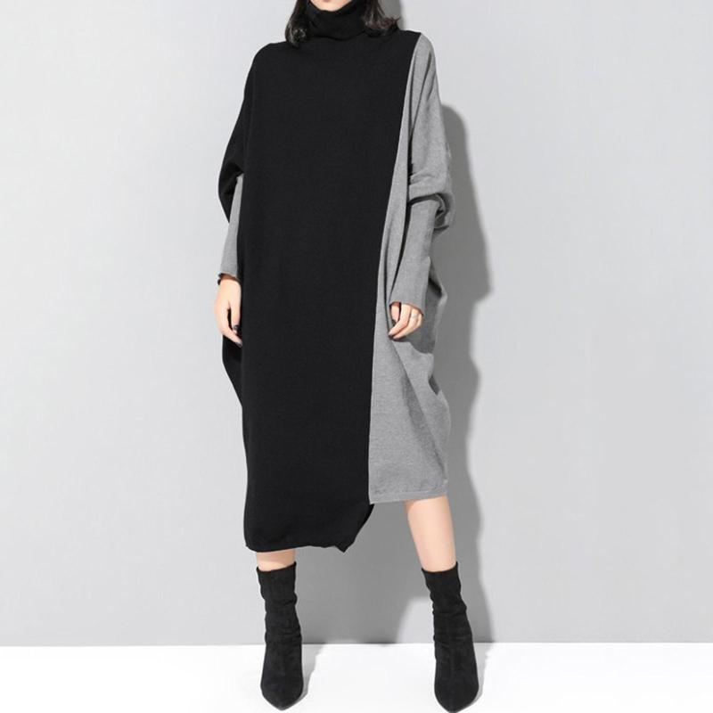 

Casual Dresses Women Korean Style Spliced Knitted Midi Dress Autumn Fashion Turtleneck Long Sleeve Oversized All-Match Elegant Female, Gray