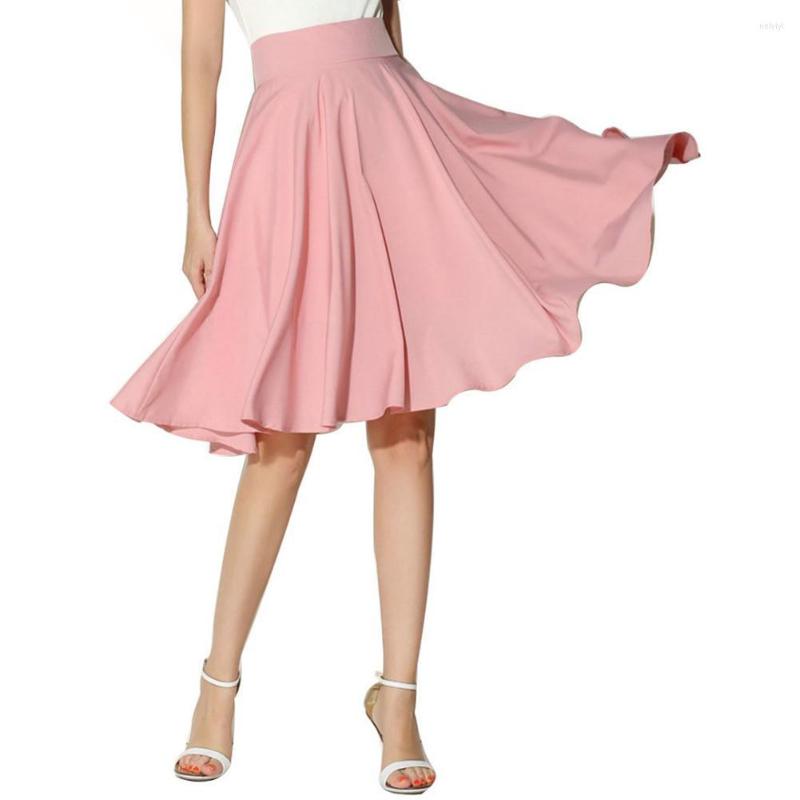 

Skirts High Quality Women Waist Skirt Fashion Pleated Solid Color A-line Sweet Large Swing, Pink