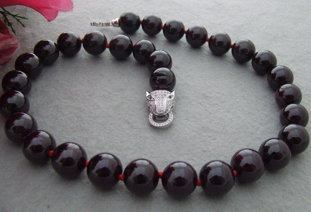 

Chains Natural 12mm Round Black Agate Jade Necklace -Zircon Leopard Head Clasp 18"Chains