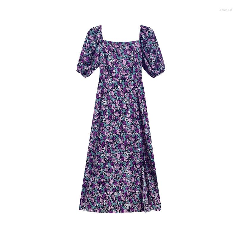 

Party Dresses 2023Summer Fashion Elegant Print Slit Maxi Dress Women French Romantic Vacation Beach Casual Floral Puff SleeveDress, Photo color