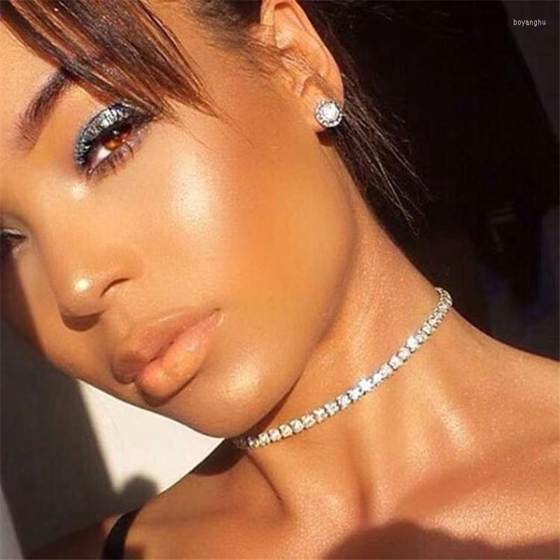 

Choker Multicolor Shiny Zircon 1 Row Necklace Short Women's Christmas Crystal Gold Plated Silver