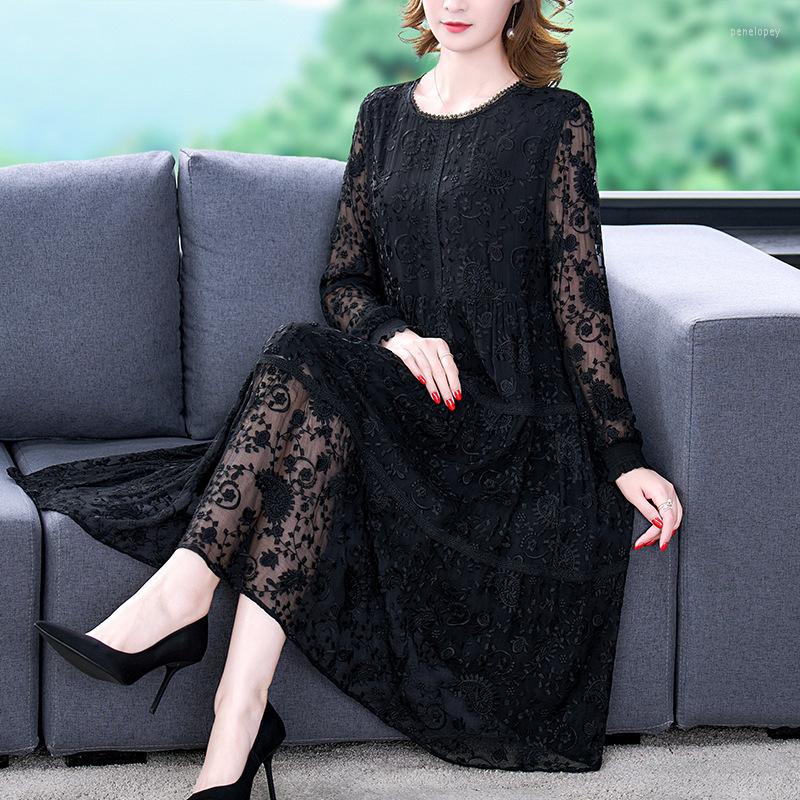 

Casual Dresses Spring Summer Black Lace Embroidery Hollow Out Sexy Midi 2023 Women Korean Vintage Loose Elegant Party Vestidos DD616