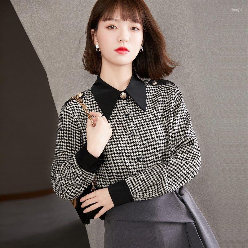 

Women' Blouses Plaid Blouse Ladies Spring Professional Chiffon Shirt Design Sense Niche Houndstooth Top Long Sleeve Casual Female, Black