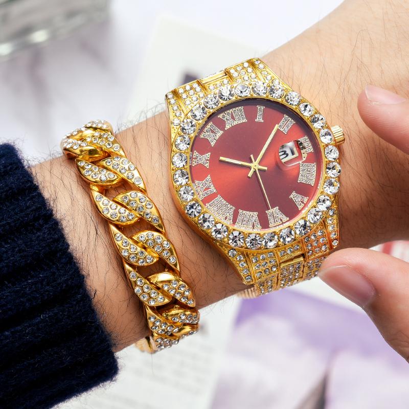 

Wristwatches 2PCS 2023 Men Stainless Steel Watch Set Gold Luxury Fashion Calendar Quartz Rhinestone Wristwatch Man Clock Reloj, Gold green