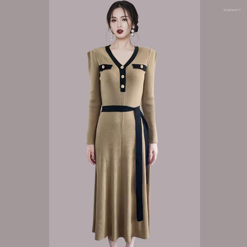 

Casual Dresses Elegant Women Puff Sleeve Pullover Knitting Dress 2023 Spring Winter Button Decoration Hit Color Lace Up Midi Long, Picture color