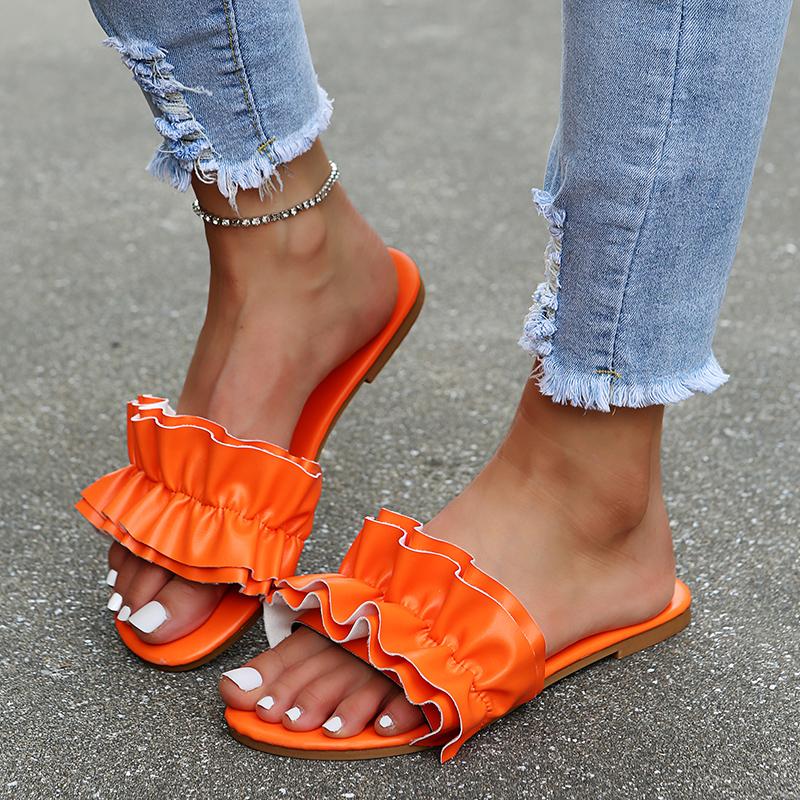 

Slippers Frensh Style Pu Leather Sandals Sweet Ruffles Pleated Woman Summer Slides Flat Heel Shoes Big Size 43 Pantuflas, Beige