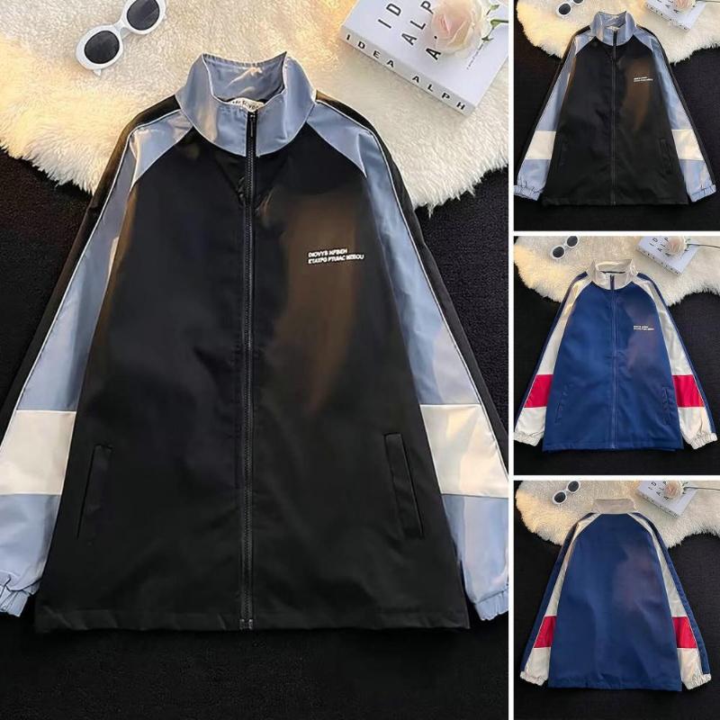 

Men' Jackets 2023 Men Women Coat Color Block Patchwork Stand Collar Long Sleeve Zipper Spring Autumn Loose Hip Hop College Jacket, Black
