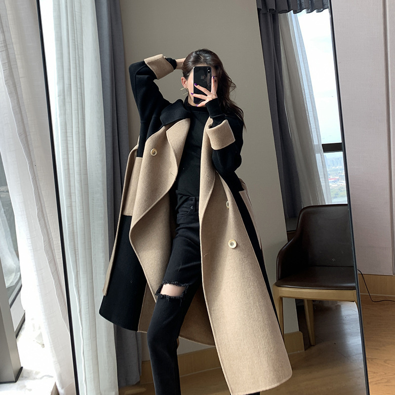 

Women's Wool Blends French Color Blocking Medium Long Woolen Coat For Women In Spring And Autumn Korean Style Thin 230227, Black
