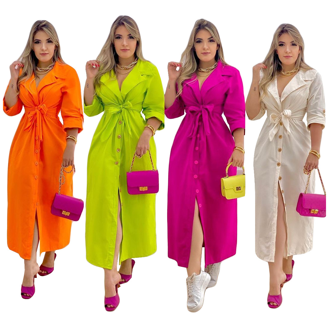 

Women' Long-sleeved Solid Color Suit Lapel Dress Elegant Commute, Orange