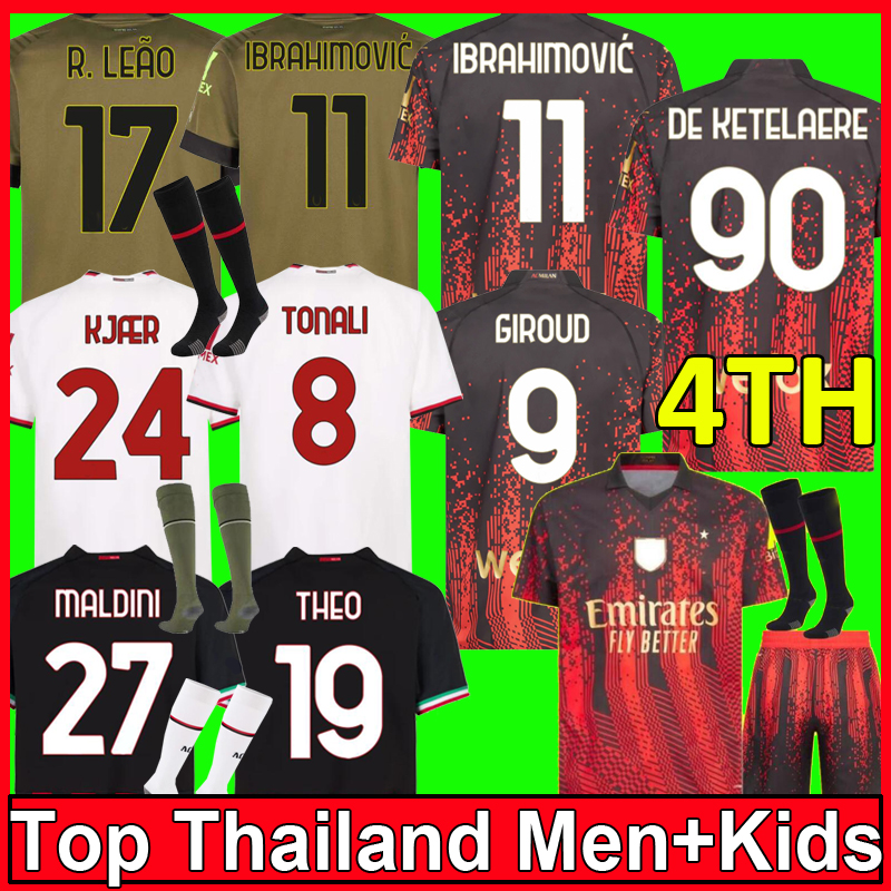 

22 23 4TH IBRAHIMOVIC GIROUD Soccer Jerseys 2023 THEO BRAHIM TONALI ROMAGNOLI R.LEAO S.CASTILLEJO KESSIE SAELEMAEKERS Football Shirt AC MILANS uniform Men kids kit, Kids away+socks
