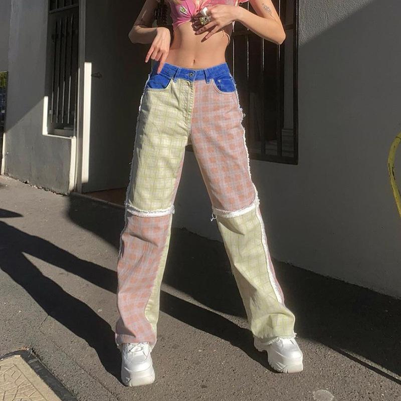 

Women' Jeans Vintage Plaid High Waist Women Casual Patchwork Hip Hop Denim Trouser Y2K Fashion Streetwear Straight Harajuku Bottom 2023, Color