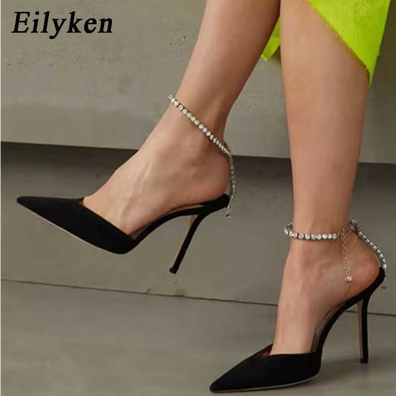 

Dress Shoes Eilyken Satin Pointed Toe Women Pumps Designer Crystal Chain Buckle Strap Thin High Heel Party Prom Slingback Female ShoesL230227, Rose red