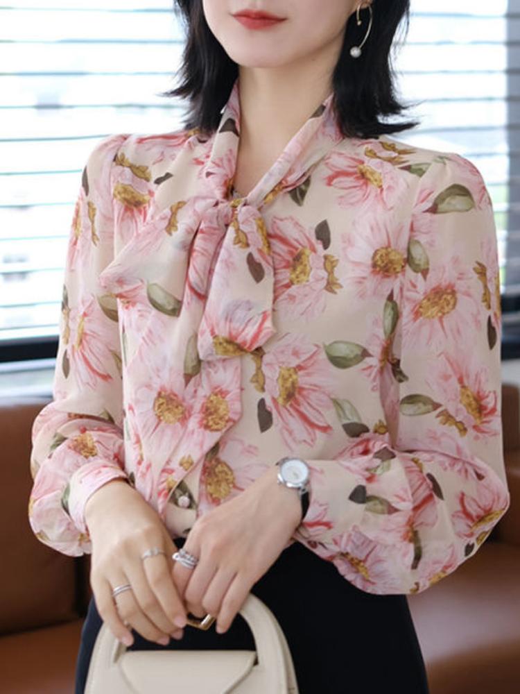 

Women's Blouses & Shirts Floral Tops Bow Tie Pullover Women Oversized Elegant Female Chic Chiffon Korean Fashion Clothing Ladies Wear 2023Wo, Navy blue