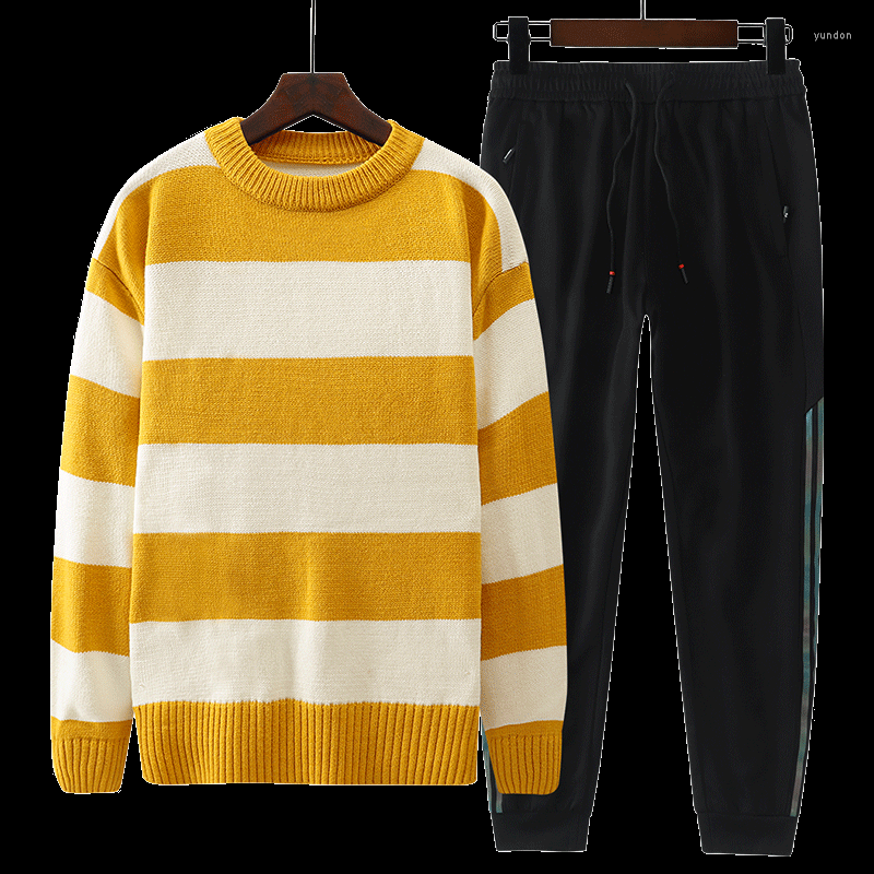 

Running Sets Autumn Winter Men's Sweater Tracksuits Mens Sports Striped Oversize Pullovers Pants 2 Piece Plus Size 8XL, Yellow