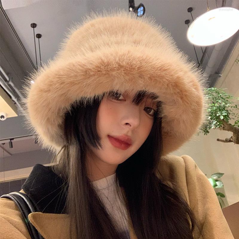 

Berets Faux Fur Mink Hat Women Winter Plush Fisherman Cap Warm Big Head Around Ear Protection Bucket Hats Casual Panama Caps, White