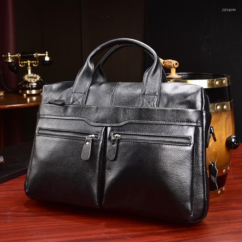 

Briefcases Luxury Cow Genuine Leather Business Men's Briefcase Male Shoulder Bag Messenger Tote Computer Handbag, Black