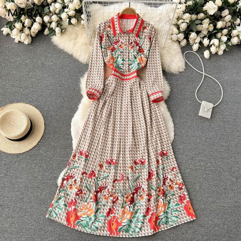 

Casual Dresses 2023 Spring Runway Long Women Polo Collar Sleeve High Waist Button Vintage Floral Print Elegant Holiday Party Dress, Red