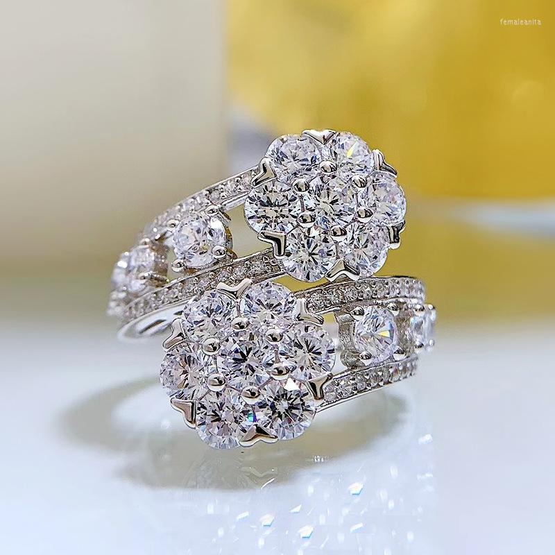 

Cluster Rings Real 925 Sterling Silver Sparkling Full High Carbon Diamond Flowers For Women Wedding Party Fine Jewelry