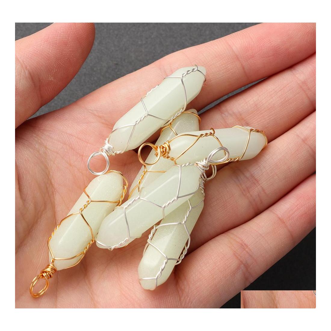 

car dvr Pendant Necklaces Hexagonal Pillar Crystal Glow In The Dark Luminous Wire Wrap Stone Craft Pendants Diy Gift For Women Men Party Dro Dhahw