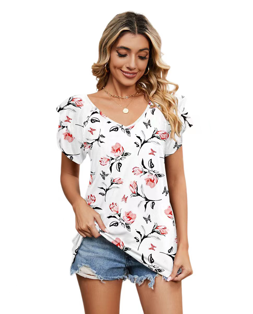 

Fashion Women Casual Shirts Print V Neck Ruffled Short Sleeve Loose Blouses