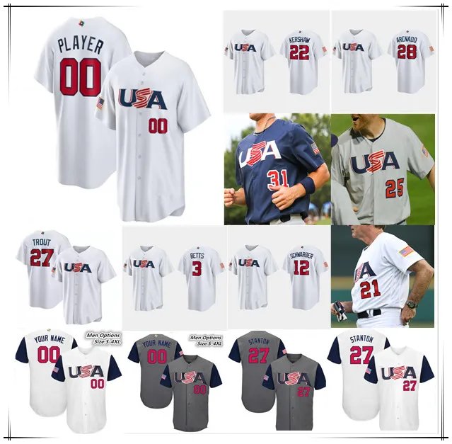 

CUSTOM Team USA 2023 World Baseball Classic WBC Baseball Jerseys Mike Trout Nolan Arenado Pete Alonso Kyle Schwarber Tim Anderson Mookie Bet, 2017 youth grey