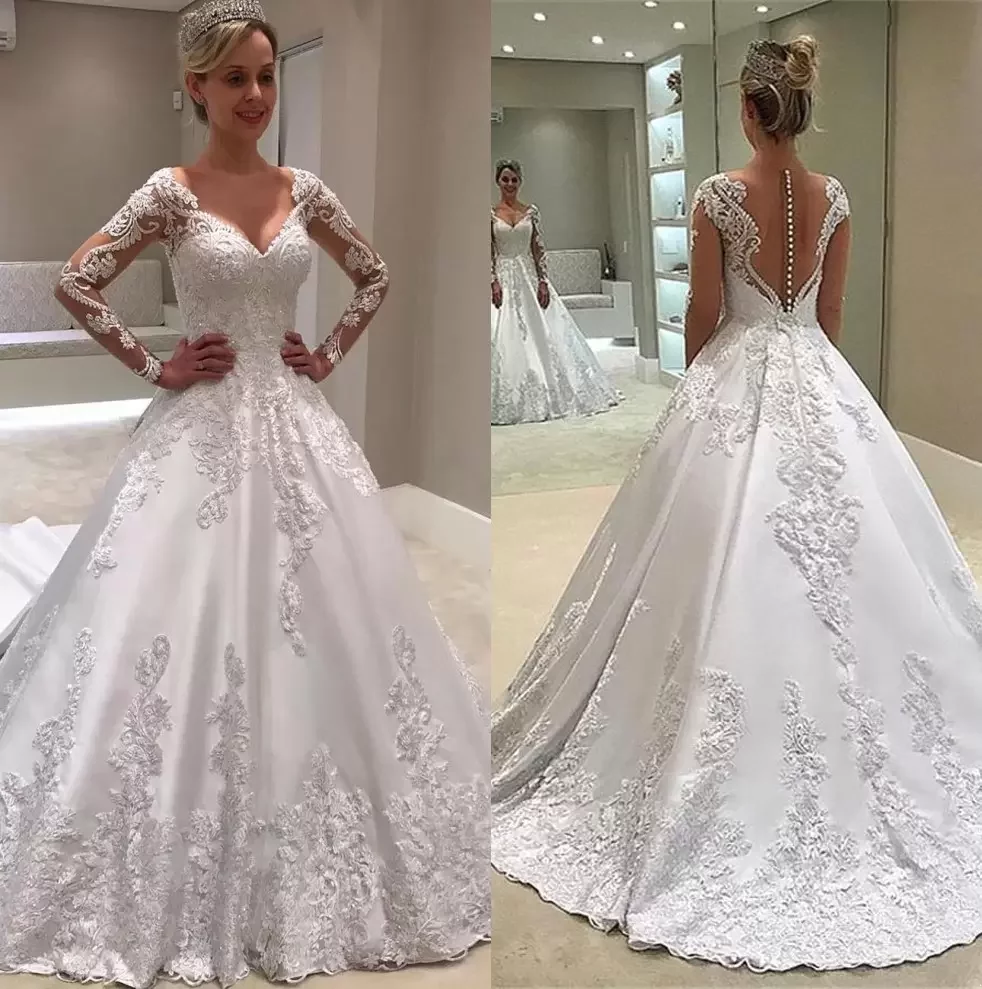 

Elegant White Sheer Long Sleeves Lace A Line Wedding Dresses Satin Applique Sweep Train Wedding Bridal Gowns With Buttons Custom Made, Same as image