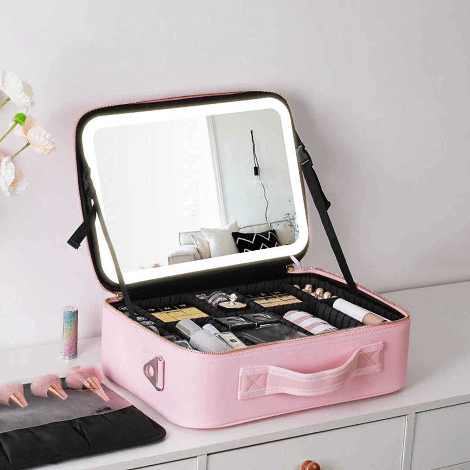 

Cosmetic Organizer Storage Boxes Bins 2022 Smart LED Case with Mirror Bag Large Capacity Fashion Portable Travel Makeup s Y2302