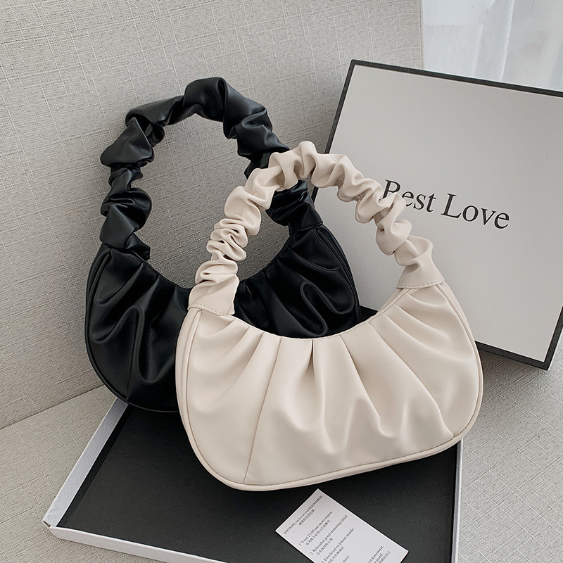 

2023 Solid Color Cloud Pleated Handbags for Women PU Bags Leisure Armpit Bag Shopping Shoulder Bags Designer Dumpling Handbag Female, Black
