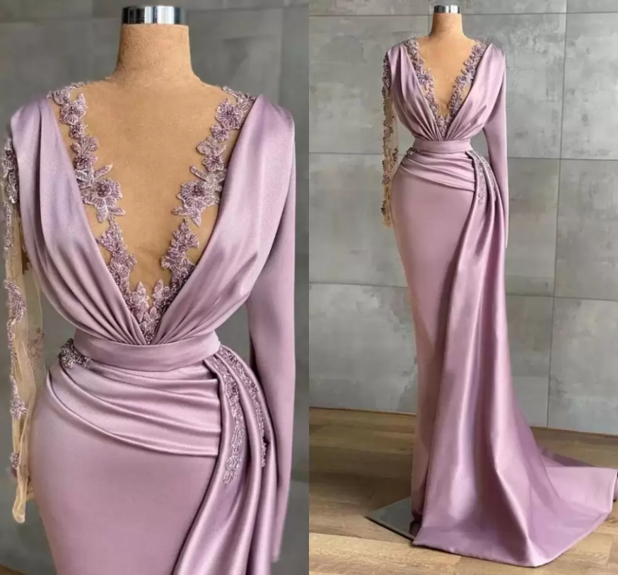 

Elegant Satin Mermaid Evening Dresses with Long Sleeves Deep V Neck Lace Appliqued Prom Party Gowns Arabic Aso Ebi Ruched Sweep Train Women Robe de Soiree BC10062, Grape