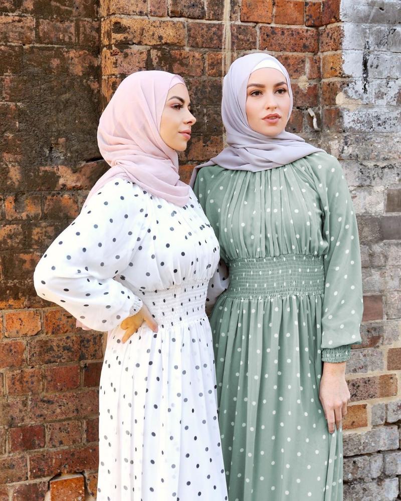

Casual Dresses Women Beautiful Muslim Waist Wave Point Small Fresh Dress Long Sleeve Plus Size, Green(without turban