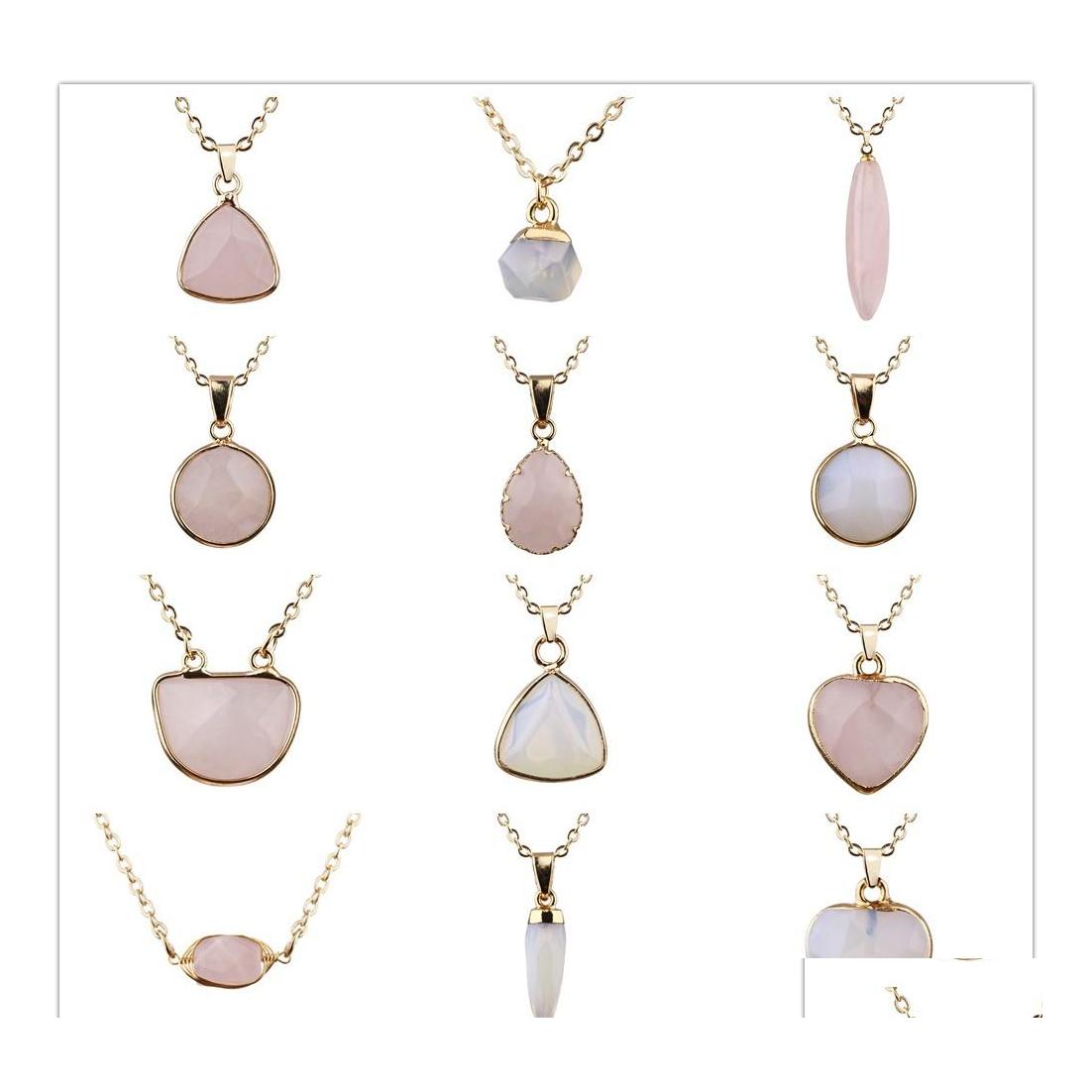 

car dvr Pendant Necklaces 12Styles Natural Stone Pink Rose Quartz Opal Heart Round Shape Necklace For Women Jewelry Drop Delivery Pendants Dhhat