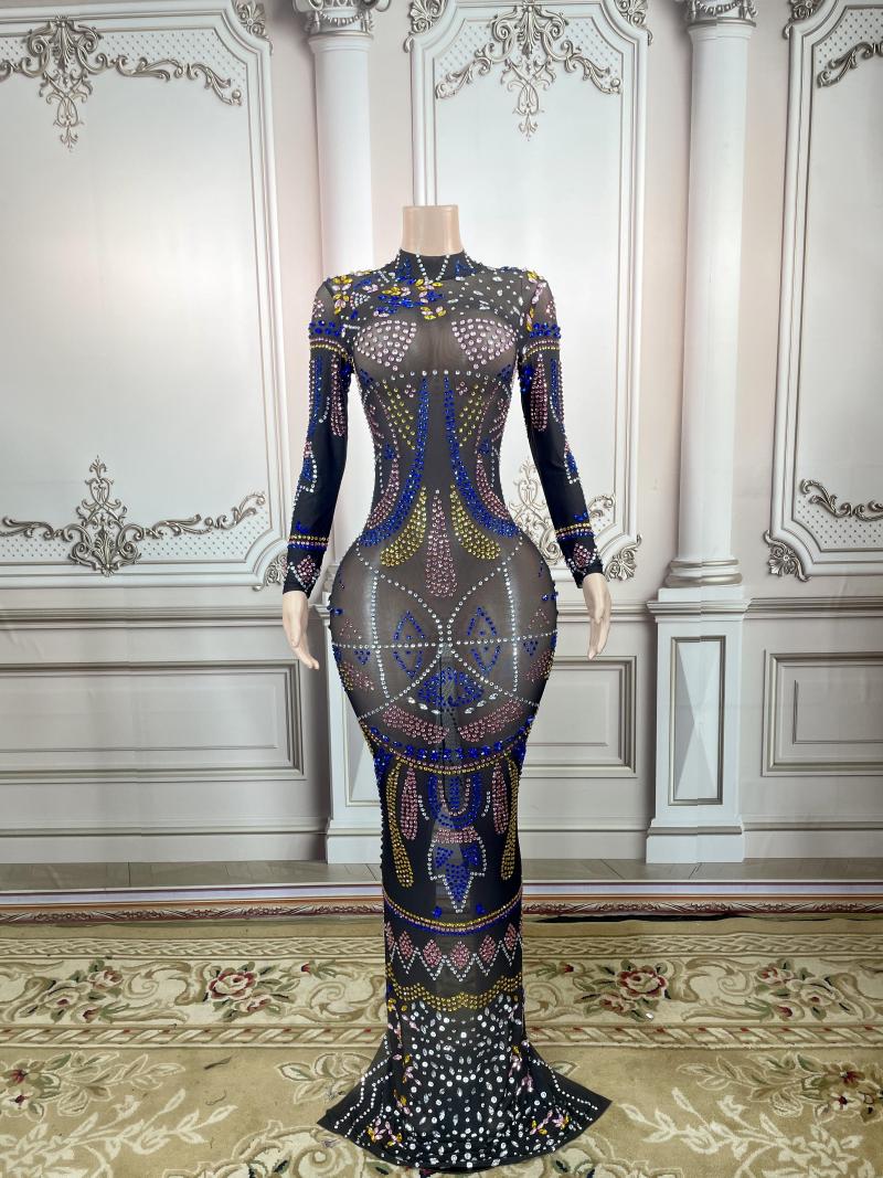 

Casual Dresses Colorful Rhinestones Black Mesh Transparent Long Sleeves Dress Evening Birthday Celebrate Stretch Costume Performance Plus, Picture shown