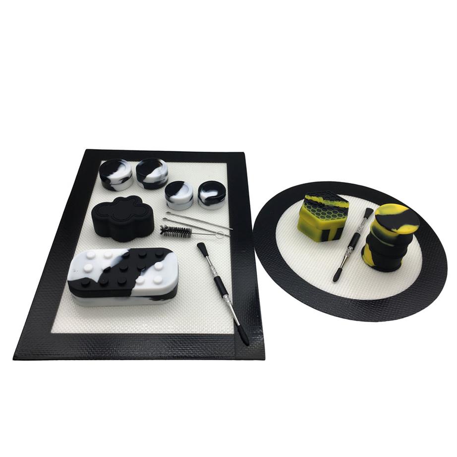 

Silicone Kit Set With Rectangle And Round Silicone Dab Mat Pad 5 7ml 22 25ml 6 1 Containers 26ml Barrel Stainless Titanium Dabber 295w