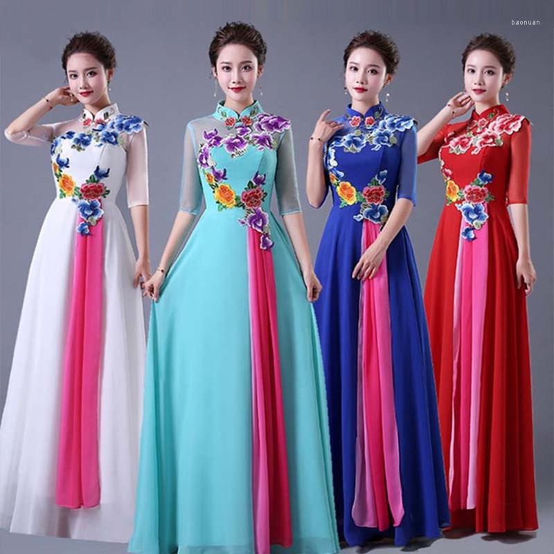 

Ethnic Clothing Choir Costume Long Cheongsam Female Retro Chinese Style Stage Show Middle-aged And Elderly Chorus Dongsam Evening Dresss
