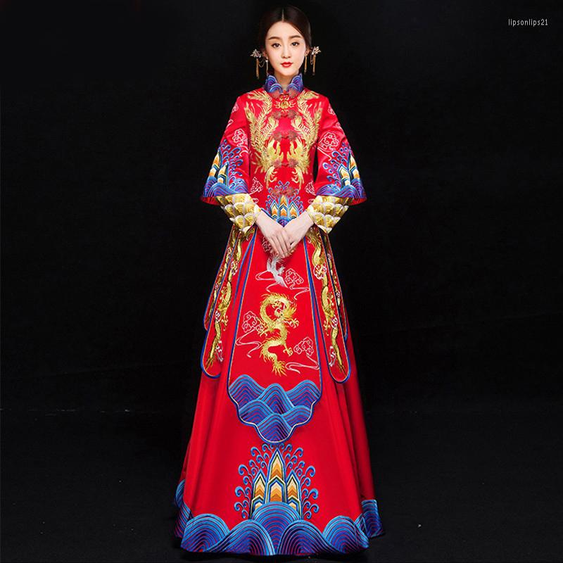 

Ethnic Clothing Chinese Style Bride Embroidery Cheongsam Wedding Ceremony Dresses Costume Evening Dress Show Slim Phoenix Qipao