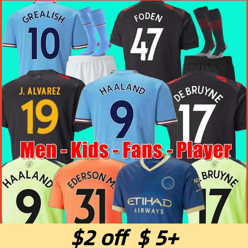 

22 23 HAALAND SOCCER JERSEYS GREALISH STERLING MAHREZ fans player version DE BRUYNE FODEN 2022 2023 football tops shirt kids kit sets uniform Boys youth, 22 23 home adult epl