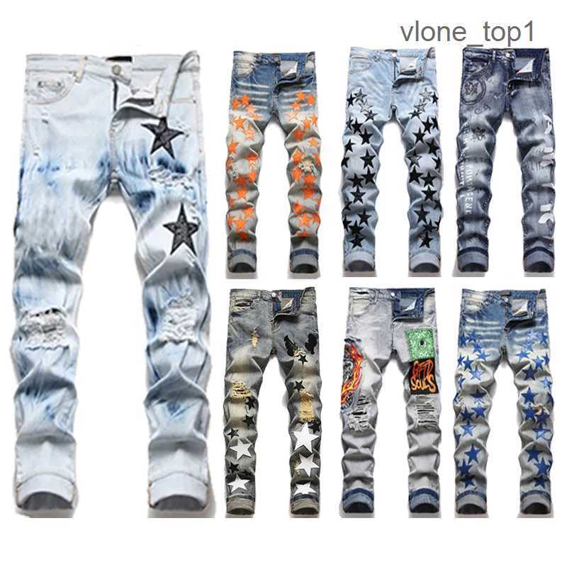 

Hombre Ripped Men European Jean amirly Letter Star Skinny Embroidery Patchwork Jeans s Trend Brand Varsity Motorcycle Pant 2A3K
