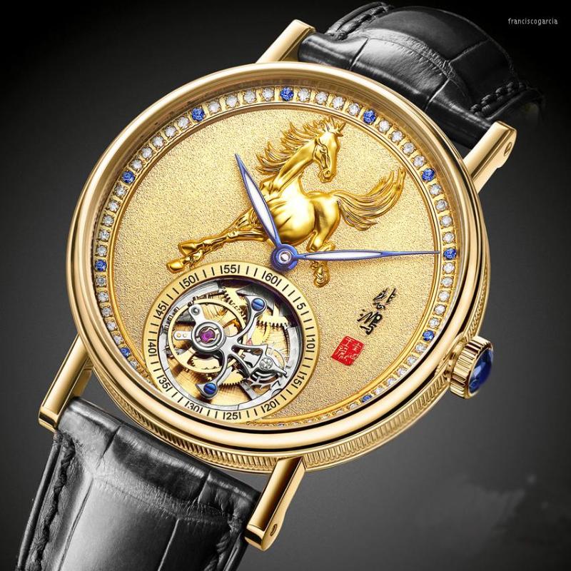 

Wristwatches 2023 Natural Diamond Jade Men's Tourbillon Mechanical Watches Inlaid 0.5g Pure Gold Coin Leather Clock Luminous Limited