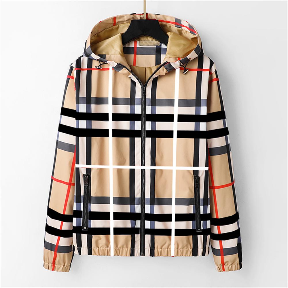 

Men's jacket plaid stripe pattern fashion personality hood zipper casual coat windbreaker