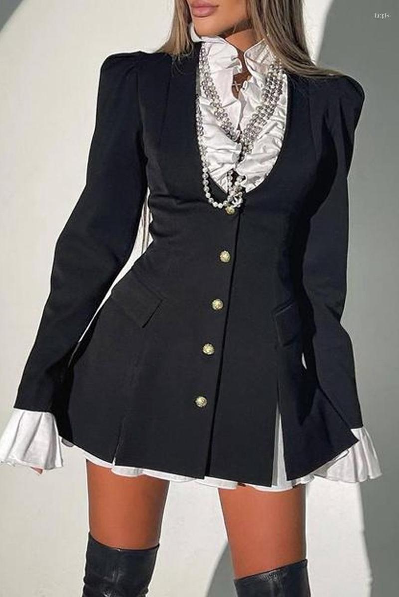 

Casual Dresses STYLISH LADY Elegant Blazer Dress 2023 Autumn Women Single Breasted Patchwork 2 Piece Set A Line Party OL Shirt, Black
