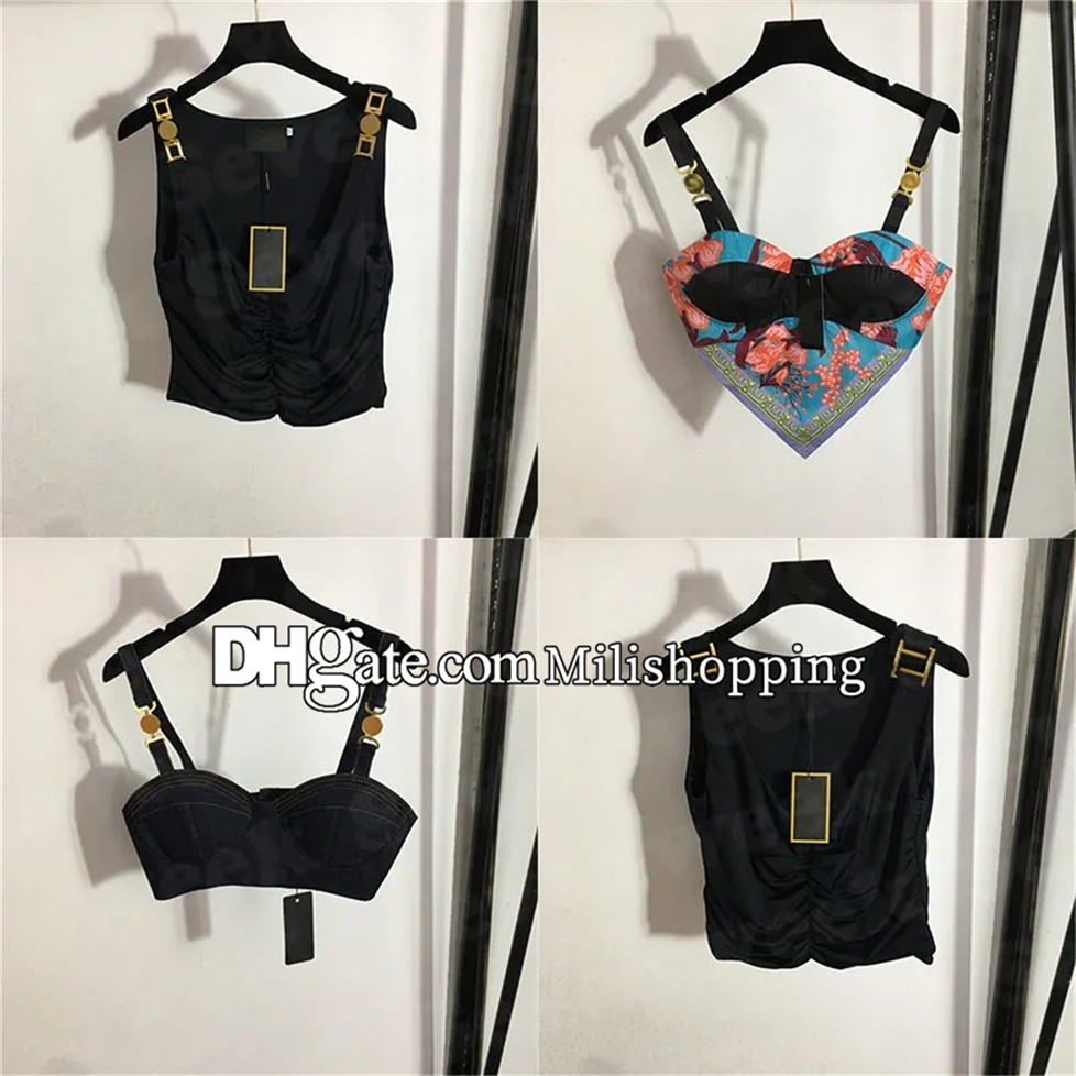 

Womens Designers T-shirt Crop Top Underwear With Metal Badge Sexy Deep V Denim Sling Tube Tops Women Clothing
