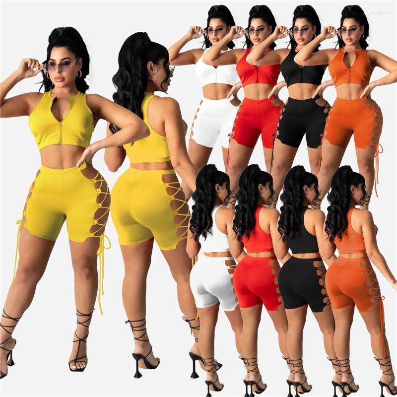 

Women' Tracksuits Sexy Two Pieces Set Women Tracksuit Sleeveless Zipper Crop Top And Hollow Bandage Shorts Matching Sets Summer Going Out, Black