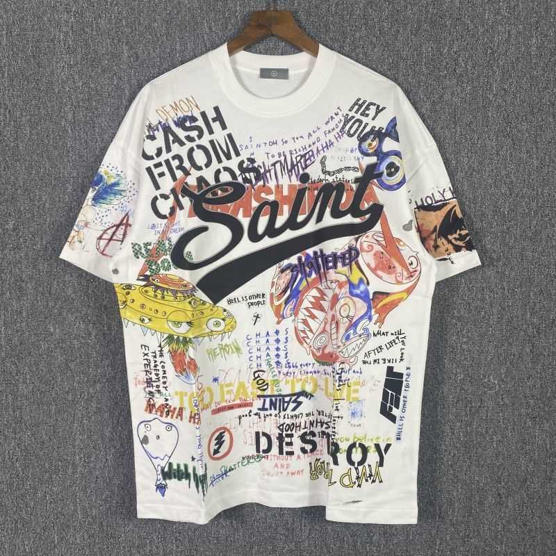 

Designer Fashion T Shirt Saint Michael Co Branded Hand-painted Graffiti Beautiful Girl Cartoon Printed Short Sleeve Men's Loose Tee, White