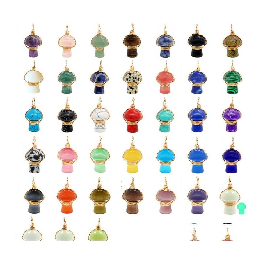

car dvr Charms Wire Wrap Natural Gem Stone Carved 2Cm Mushroom Rose Quartz Crystal Amethyst Tiger Eye Pendant Diy Necklaces Earrings Drop De Dhqhg