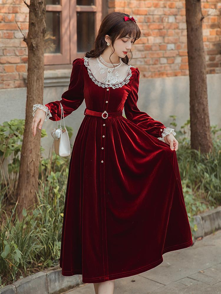 

Casual Dresses Long Sleeve Vintage Red Velvet For Women 2023 Christmas Party Dress Elegant Lace O-Neck Sweet High Quality, Photo color
