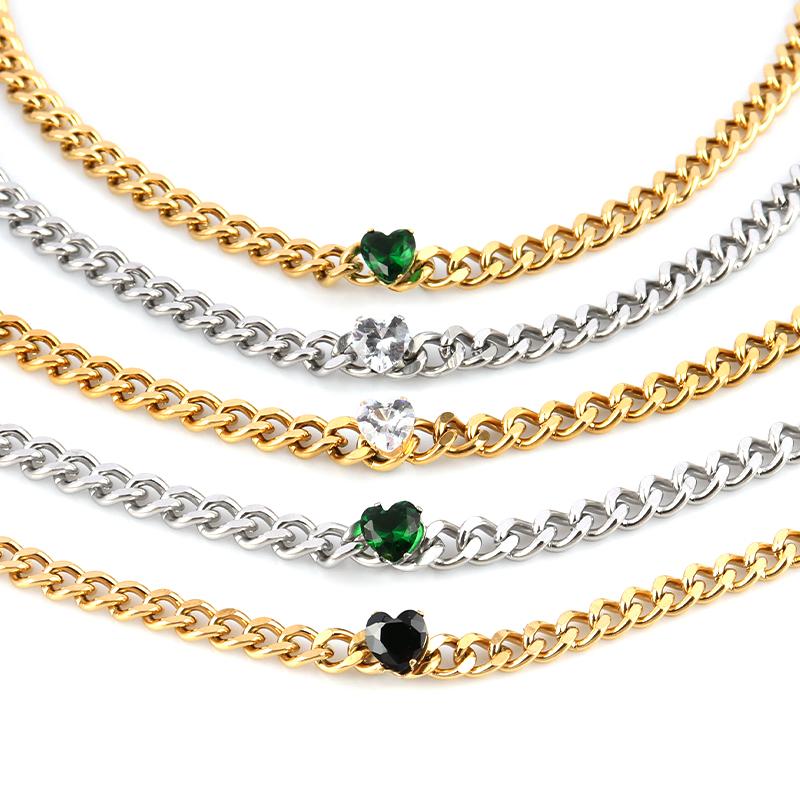 

Choker Chokers Style Stainless Steel Woman Fashion Jewelry High Quality Green Crystal Zircon Heart Pendant Necklace Thick Chain