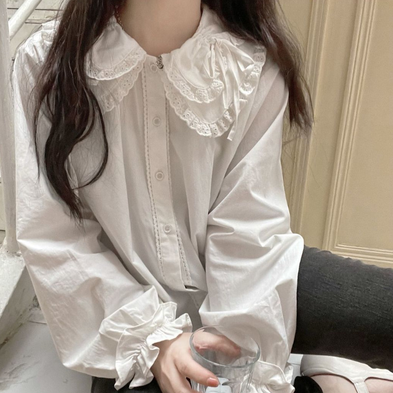 

Women' Blouses Shirts QWEEK Kawaii Lace Shirt White Peter Pan Collar with Lush Sleeve Fall Korean Lolita Preppy Style Button Up Cute Tops 230227