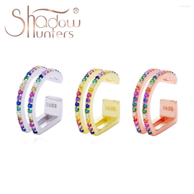 

Backs Earrings SHADOWHUNTERS Real 925 Sterling Silver Two Rows Rainbow Crystal Ear Cuff Women Trendy Clip On Femme Luxury Jewelry